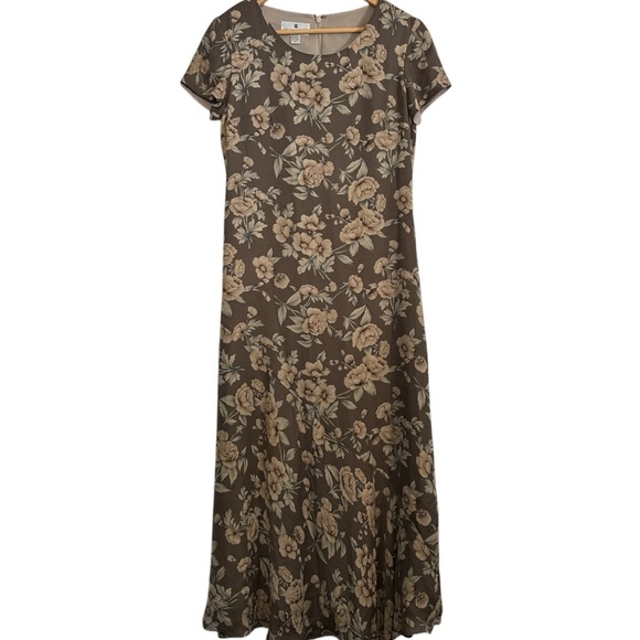 Saks Fifth Avenue Dresses & Skirts - Saks Fifth Ave 100% Silk Brown Floral Maxi Sundress Short Sleeve Crew Neck Sz 6